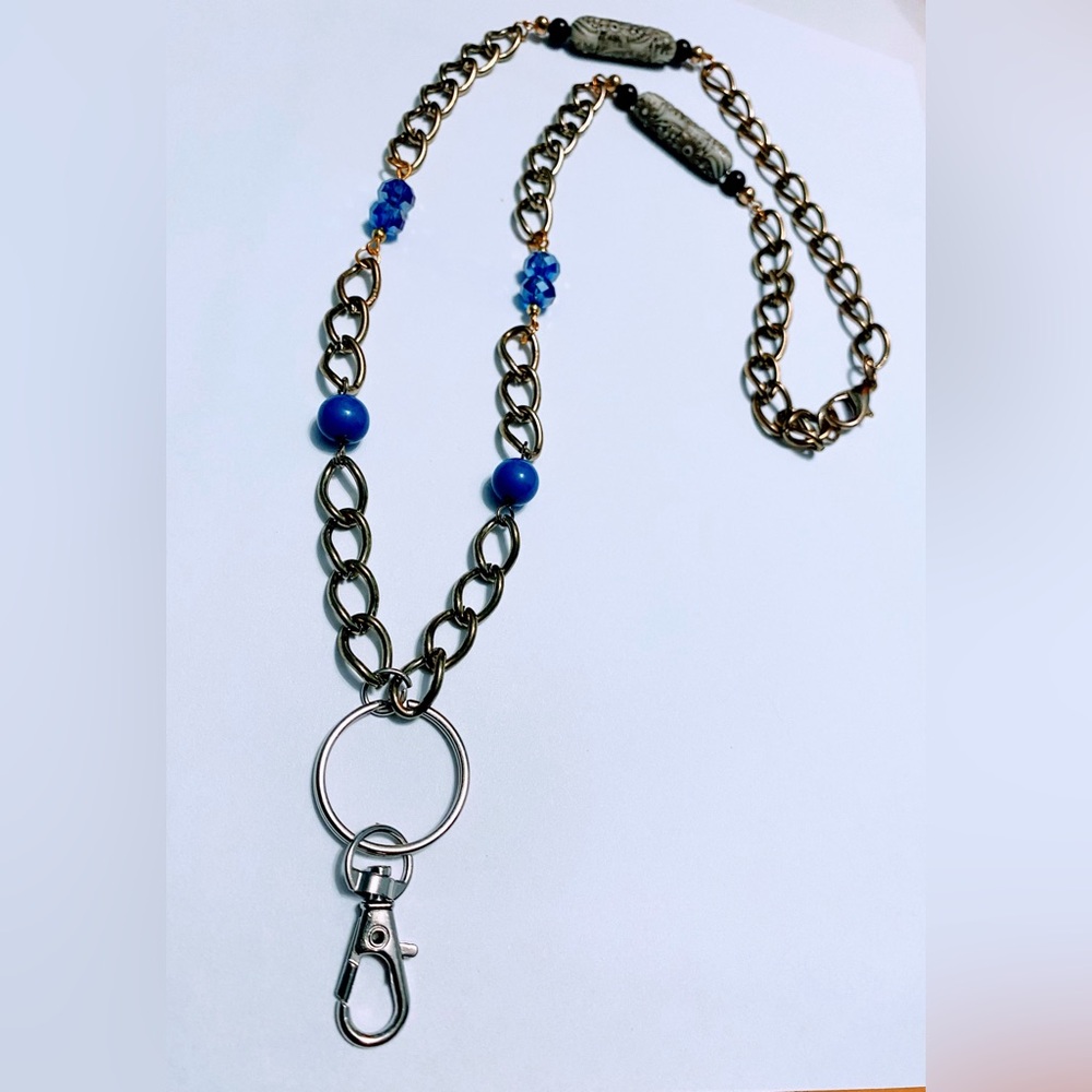 Blue Bead Pendant Lanyard Card Holder